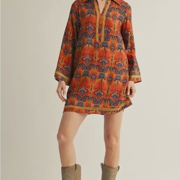 Colorful long sleeves boho print shift mini dress with side pockets - Picture 4 of 4